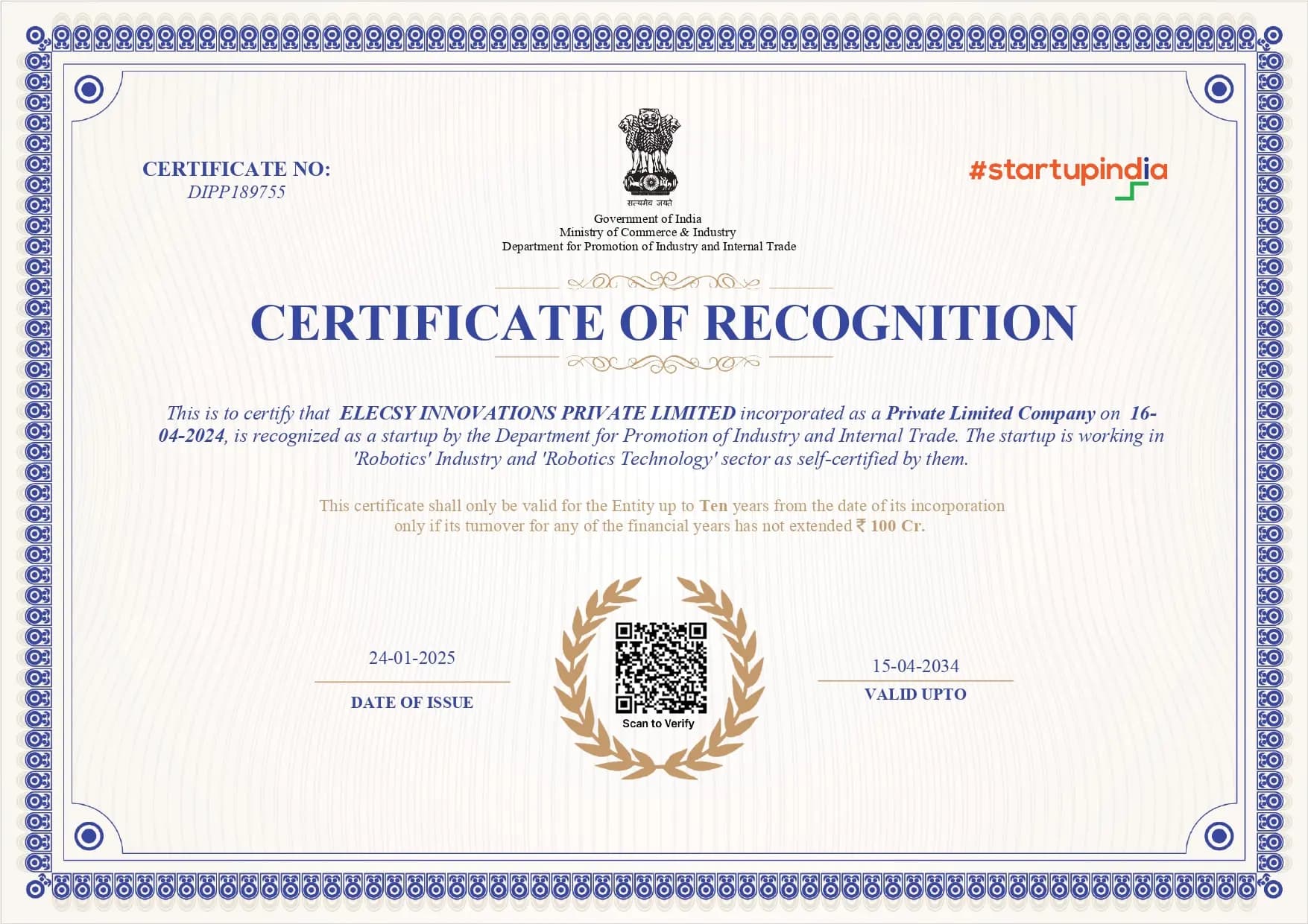 DPIIT Government of India certificate awarded to Elecsy Innovations in 2025