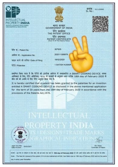 Elecsy Innovations smart cooking device patent certificate